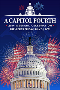 A Capitol Fourth logo in the sky above the dome of the US Capitol. Behind the dome are fireworks and the American flag projected a couple times on the fireworks.