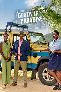Death in Paradise passport stamp style logo over a photo of three actors standing in front of t beach patrol type jeep. Sand on the ground. Palm tree and hillside seen to the right.