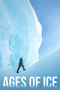 A man in ice climbing gear ascends a steep ice and snow covered terrain.