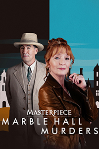 A finely dressed man (Tim McMullan) in a light colored suit and a woman (Lesley Manville) in a stylish brown leather jacket pose for the camera. The background is spit down the middle with darker/night sky on the left and the blue/day sky on the right. Silhouetted buildings can be seen at the bottom of both sides in contrast.
