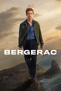 Bergerac logo in front of a walking man (Jim Bergerac character) on a 45-degree pitched landscape near water.