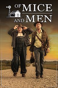 Of Mice and Men logo at the top. Two men walk towards the camera in the middle of a gravel road.