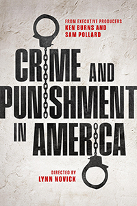 Crime and Punishment in America logo over a stone/stucco wall -- uses the chains from a set of split handcuffs to represent the letter "i" in three words of the logo.