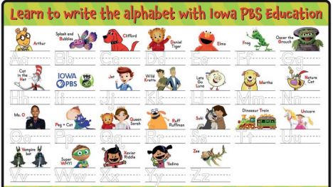 Lear to write the alphabet with Iowa PBS Education, Letters A through Z with imagery from PBS KIDS characters.