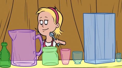 Sally holds a spoon to make sound using different containers and water.