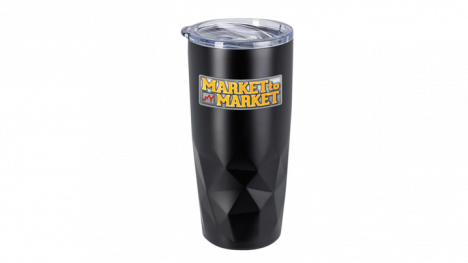 Black travel mug with Market to Market logo