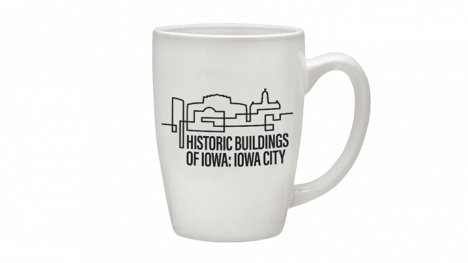 White mug with line drawing of Iowa City skyline and the words Historic Buildings of Iowa Iowa City