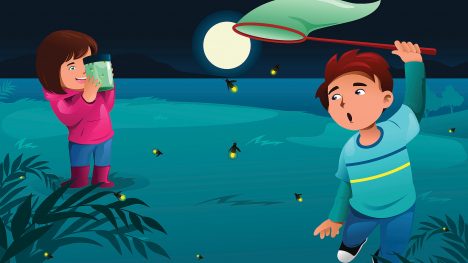 A girl and a boy catch and examine fireflies at night.