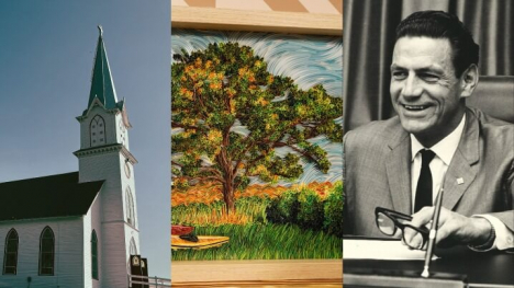 Photo collage featuring a small town Iowa church, paper quilling project and an archival photo of Governor Howard Hughes