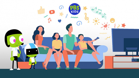 A family watching PBS KIDS programming from their couch.