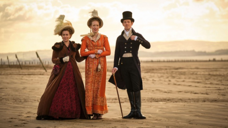Sanditon Season 3 image of three Regency era characters on the beach