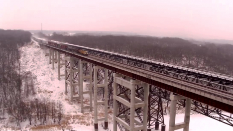 An arial view of the Kate Shelley Bridge, a railroad bridge in Boone, Iowa.