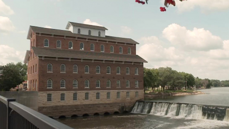 An exterior view of the famous Wapsipinicon Mill from across the Wapsipinicon River in Independence, Iowa.