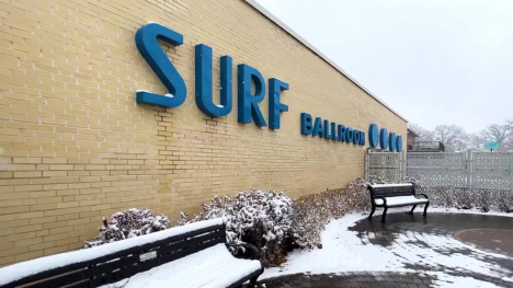 An exterior view of the front of the Surf Ballroom in Clear Lake, Iowa.