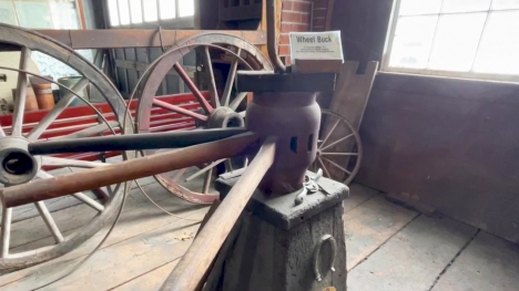 A blacksmith station which was meant to fit wagon wheels with spokes.