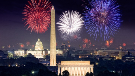 The Washington, D.C. skyline at night with fireworks