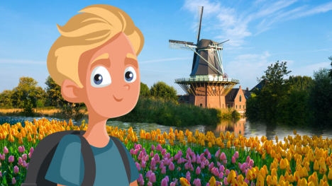 Young boy stands in a field of tulips with a wood windmill in the background