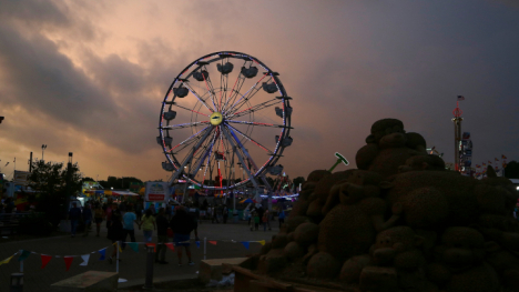 ferris wheel at the Iowa State Fair on a cloudy evening