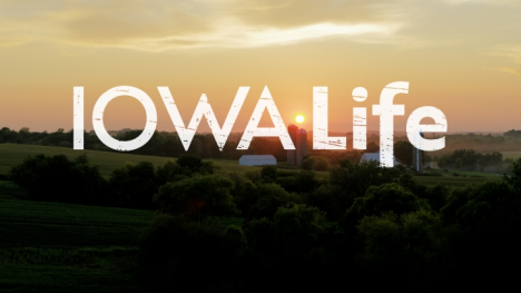 A logo with the words IOWA Life lays over an image of a sun setting over a rural landscape. The sky is a light golden yellow and the green hills with trees are below. 