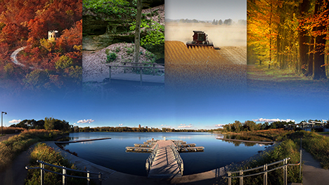 Five nature scenes...fall aerial of stone tower, green and rocky, combine harvesting, fall trees down a roadside, and boat dock at Saylorville Lake in Des Moines, Iowa.