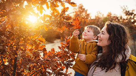 A mother and son enjoy the fall colors and leaves.
