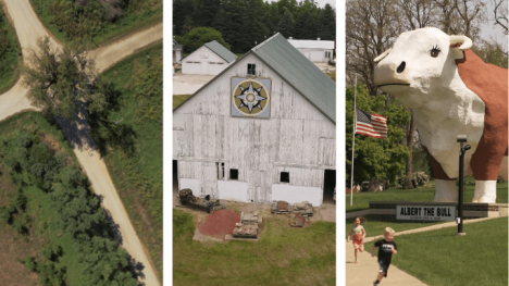 Three image grid featuring a tree in the middle of the road, a barn with a barn quilt on it and Albert the Bull, the largest concrete bull in the world