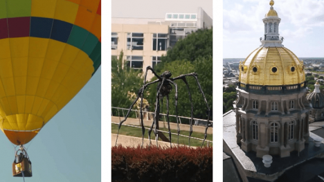 Hot air balloon, outdoor spider-like sculpture and the golden dome of the Des Moines Iowa state capitol building