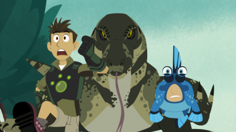 Kratt brothers being chased by a large green lizard