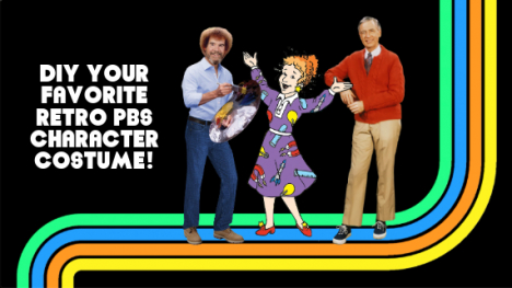 Bob Ross, Mrs. Frizzle and Mister Rogers standing on a bright colored ribbon