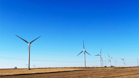 A row of wind turbines in a harvested field.