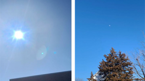 Side by side photo. The left side is the sun in the sky. The right side is of the moon during the daytime.