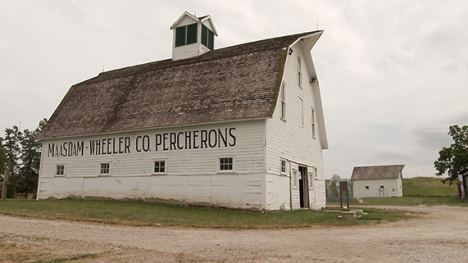 A white, two-story wood paneled barn with "Maasdam-Wheeler Co. Percherons" painted in black on it.