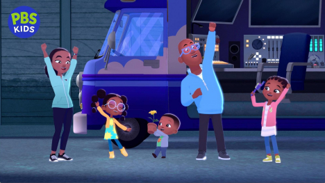 An animated family with hands in the air in celebration.