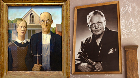 Grant Wood's painting American Gothic beside a black and white photo of Grant Wood.