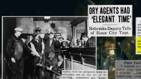 Historical photo of men at a bar with a headline, "DRY AGENTS HAD 'ELEGANT TIME.'"