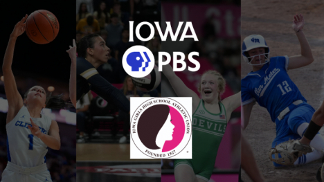Collage of female athletes in basketball, volleyball, wrestling, and softball, with the Iowa PBS and IGHSAU logos in the center.