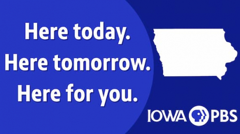 Blue background with an outline of the state of Iowa and text that says "here today, here tomorrow, here for you."