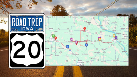 A map shows featured stops on Iowa US Highway 20.