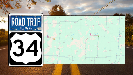 A map shows featured stops on Iowa US Highway 34.