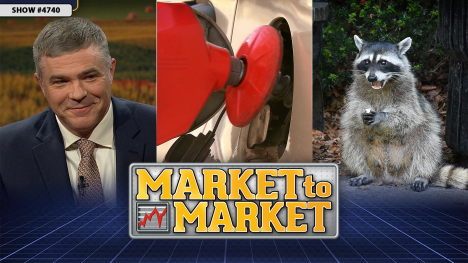 Matt Bennett, a gas pump, and a racoon with the Market to Market logo.