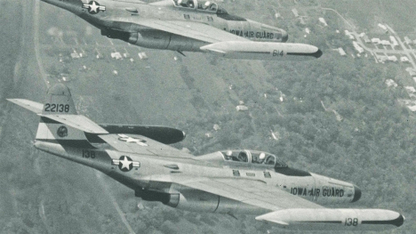 Two Iowa Air Guard jets fly in formation.