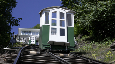 Elevator car climbs a steep track up a hill in Dubuque.