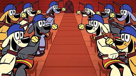 A red room with 10 happy cartoon dogs with blue caps. The caps have a stick protruding out with a ball hanging from the stick on a string. Five dogs are sitting in chairs on the left side, and five dogs are sitting on chairs on the right. A door at the back of the room and a walkway divides the room.