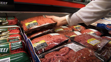 ground beef in meat case