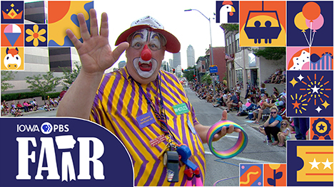 Iowa PBS Fair - A clown waves to the camera as he walks in the parade.