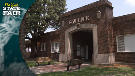 Red brick and terracotta livestock barn with Swine in limestone over the entrance