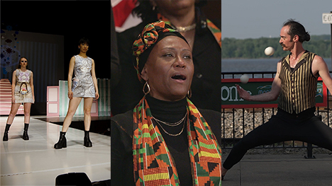 Models in a fashion show, a church choir member singing, and a juggler. 