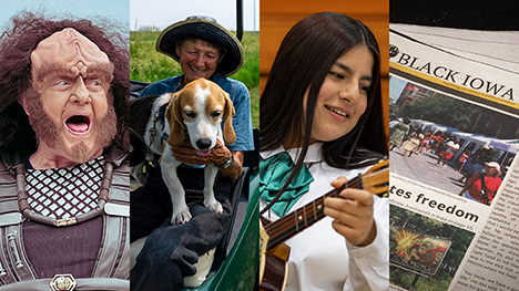 a trekfest klingon, woman and dog at Irvine Prairie, a mariachi band performer and a copy of Black Iowa News