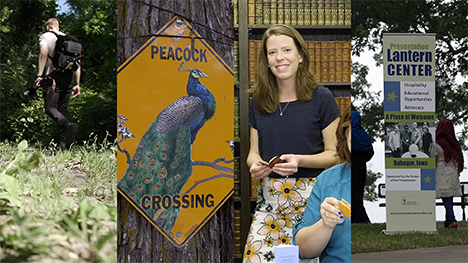 a hiker, a peacock crossing sign, a woman holding a tiny book, and Presentation Lantern Center sign.