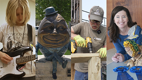 A girl playing electric guitar, a Humpty Dumpty statue, volunteer Herb Hazewinkel Jr., and Wood artist Jennifer Felton